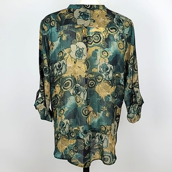 Denver Hayes Abstract Green Tan Floral Print Lightweight Semi Sheer Blouse Sz XL - Picture 4 of 13